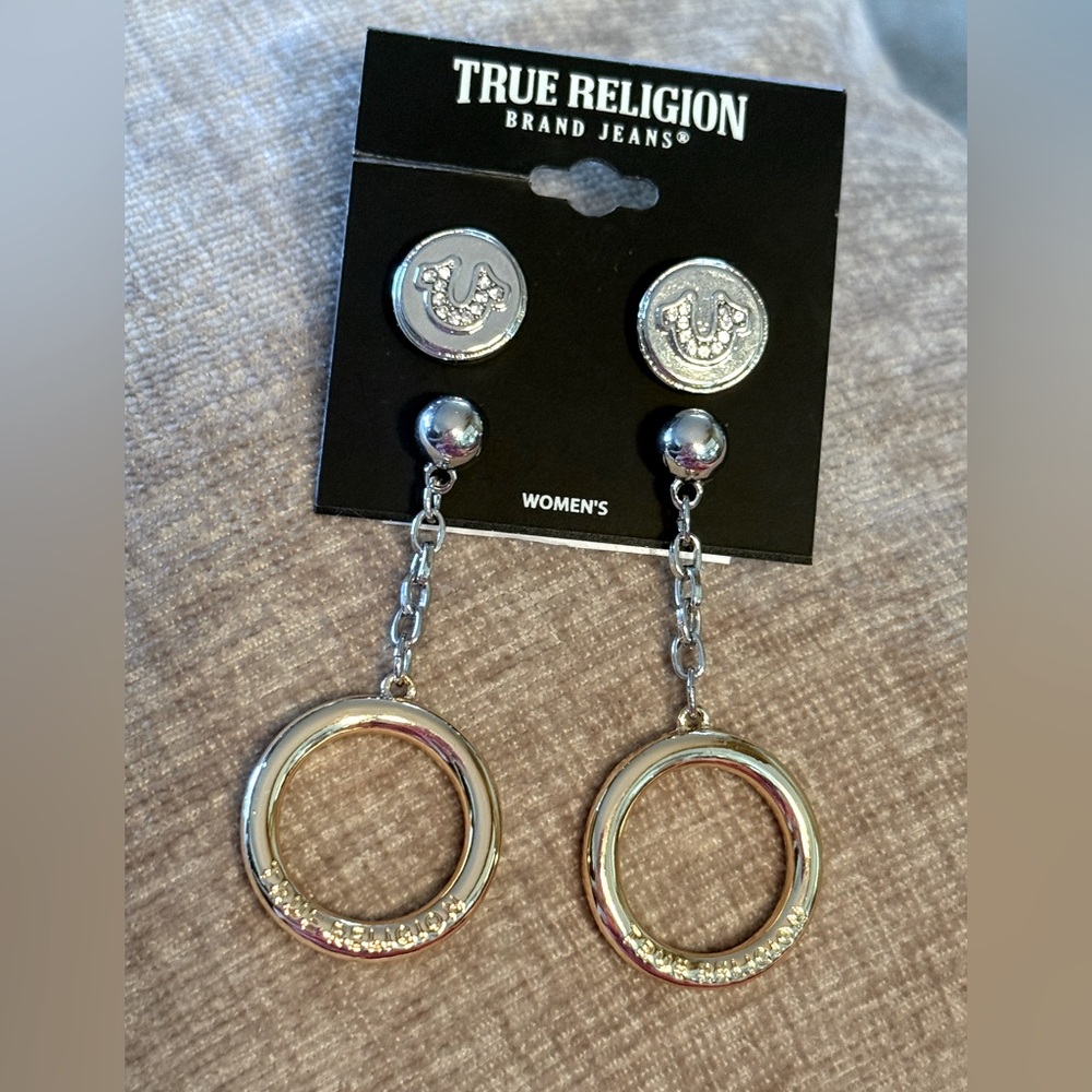 True Religion NWT Black Crossbody Silver Details Denim Strap & Earrings (P132) - Picture 6 of 15